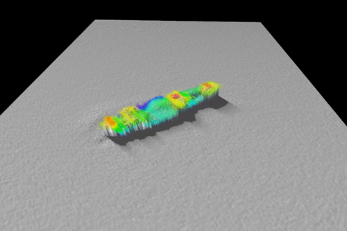 A colourful image of mapping of a wreck on the seafloor.